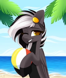 Size: 1700x2000 | Tagged: safe, artist:rinteen, derpibooru import, oc, oc only, oc:zephyrai, pegasus, pony, accessory, beach, beach ball, black and white, black and white mane, blue sky, cloud, commission, daytime, feral, folded wings, golden eyes, gray coat, grayscale, mane, monochrome, ocean, on head, one eye closed, palm tree, pin, sand, simple background, sky, smiling, solo, standing, teeth, tree, vacation, water, wings, wink, ych result, your character here