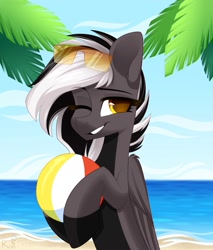 Size: 1700x2000 | Tagged: safe, alternate version, artist:rinteen, derpibooru import, oc, oc only, oc:zephyrai, pegasus, pony, accessory, beach, beach ball, black and white, black and white mane, blue sky, cloud, commission, daytime, feral, folded wings, glasses, golden eyes, gray coat, grayscale, mane, monochrome, ocean, on head, one eye closed, palm tree, sand, simple background, sky, smiling, solo, standing, sunglasses, teeth, tree, vacation, water, wings, wink, ych result, your character here