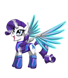 Size: 2682x3057 | Tagged: safe, artist:crystalfire562, derpibooru import, rarity, cyborg, pony, unicorn, artificial wings, augmented, clothes, happy, implants, leotard, mechanical wing, simple background, solo, transparent background, wings