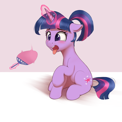 Size: 2048x2048 | Tagged: source needed, safe, artist:fgcfghv, derpibooru import, twilight sparkle, unicorn twilight, pony, unicorn, alternate hairstyle, ears, female, floppy ears, glowing, glowing horn, hand fan, horn, hot, levitation, magic, mare, open mouth, ponytail, sitting, solo, sweat, telekinesis, tongue, tongue out