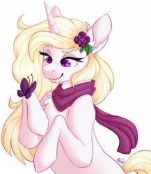 Size: 2000x2300 | Tagged: safe, artist:mxiiisy, derpibooru import, oc, oc only, oc:winter, oc:winthria siriusa, butterfly, pony, unicorn, accessories, blonde, blonde hair, blonde mane, blonde tail, clothes, eyelashes, eyeshadow, female, feral, flower, flower in hair, halfbody, hooves, horn, long hair, long mane, looking at something, makeup, mare, purple eyes, scarf, simple background, smiling, smirk, solo, tail, white background, white coat, wintherai