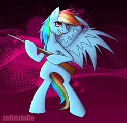 Size: 1800x1749 | Tagged: safe, artist:zeffdakilla, derpibooru import, rainbow dash, pegasus, pony, abstract background, gun, holding gun, looking at you, smiling, solo, spread wings, standing, weapon, wings