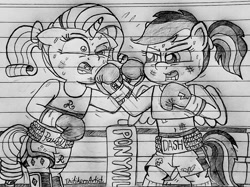 Size: 1280x959 | Tagged: safe, artist:ct1443ae, derpibooru import, rainbow dash, rarity, pegasus, semi-anthro, unicorn, boxing, boxing gloves, boxing ring, lined paper, mouth guard, open mouth, pencil drawing, sports, traditional art, uppercut