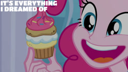 Size: 1280x720 | Tagged: safe, derpibooru import, edit, edited screencap, editor:quoterific, screencap, pinkie pie, better together, equestria girls, super squad goals, cupcake, cute, diapinkes, female, food, open mouth, open smile, smiling, solo, text