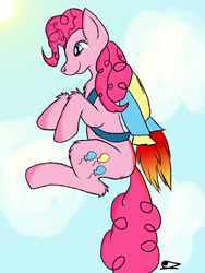 Size: 1200x1600 | Tagged: safe, artist:roomble, derpibooru import, pinkie pie, earth pony, flying, happy, jetpack, sky, sky background