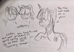 Size: 720x500 | Tagged: safe, artist:snowzaaah, derpibooru import, applejack, rainbow dash, twilight sparkle, unicorn twilight, earth pony, pegasus, pony, unicorn, appledash, doodle, female, harmony exam au, lesbian, monochrome, pencil drawing, shipping, sketch, traditional art