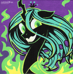 Size: 1759x1788 | Tagged: safe, artist:dandy, derpibooru import, queen chrysalis, changeling, changeling queen, acrylic painting, crown, evil grin, fangs, female, fire, green fire, grin, horn, jewelry, looking at you, regalia, smiling, solo, traditional art