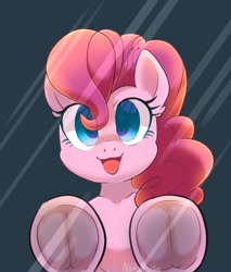Size: 1763x2066 | Tagged: safe, alternate version, artist:yukkuri_yu_yu, derpibooru import, pinkie pie, earth pony, pony, breaking the fourth wall, eye clipping through hair, female, fourth wall, frog (hoof), glass, hoofbutt, looking at you, mare, open mouth, open smile, smiling, smiling at you, solo, underhoof