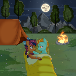 Size: 1000x1000 | Tagged: safe, artist:veincchi, derpibooru import, lightning dust, oc, oc:solar comet, pegasus, pony, background, blushing, campfire, camping, commission, cute, forest, full moon, moon, mountain, smiling, tent, tree