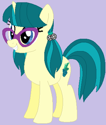 Size: 318x377 | Tagged: safe, artist:jadeharmony, artist:mak2020, derpibooru import, juniper montage, pony, unicorn, base used, equestria girls ponified, female, glasses, gray background, grin, mare, ponified, simple background, smiling, solo