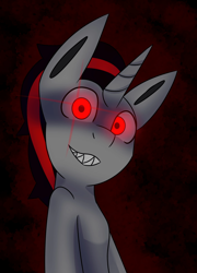 Size: 1475x2048 | Tagged: safe, artist:askhypnoswirl, derpibooru import, oc, oc only, pony, unicorn, bipedal, black background, edgy, glowing, glowing eyes, looking at you, male, no catchlights, red background, sharp teeth, simple background, solo, stallion, teeth