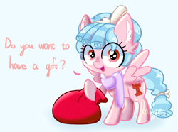 Size: 926x690 | Tagged: safe, artist:clouly, derpibooru import, cozy glow, pegasus, pony, christmas, clothes, cozybetes, cute, ear fluff, ears, female, filly, foal, holiday, looking at you, open mouth, open smile, sack, scarf, simple background, smiling, solo, spread wings, talking to viewer, white background, wings