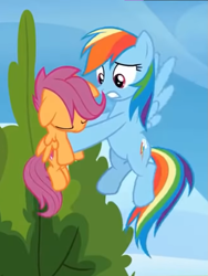 Size: 647x862 | Tagged: safe, derpibooru import, screencap, rainbow dash, scootaloo, pegasus, pony, season 8, the washouts (episode), spoiler:s08, cutie mark, duo, eyes closed, female, flying, holding a pony, knocked out, mare, multicolored hair, pink mane, pink tail, rainbow hair, rainbow tail, tail, worried