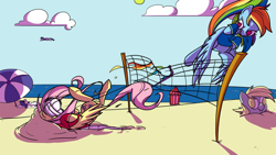 Size: 1280x720 | Tagged: safe, alternate version, artist:late, derpibooru import, edit, derpy hooves, fluttershy, rainbow dash, rarity, twilight sparkle, twilight sparkle (alicorn), alicorn, pegasus, pony, unicorn, abuse, beach, beach volleyball, clothes, flutterbuse, jersey, ocean, oof, ouch, sports, this will end in death, this will end in tears, this will end in tears and/or death, throwing things at fluttershy, volleyball, water
