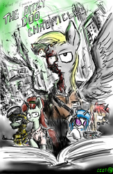 Size: 1300x2000 | Tagged: safe, artist:china consists of them!, derpibooru import, ditzy doo, dj pon-3, vinyl scratch, pegasus, pony, undead, unicorn, zombie, zombie pony, fallout equestria, may, nuclear explosion, nuclear weapon, ruins, soldier, the ditzy doo chronicles, weapon