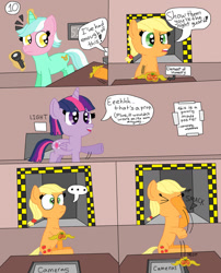 Size: 1280x1587 | Tagged: safe, artist:alyssafire, artist:nightshadowmlp, derpibooru import, applejack, lyra heartstrings, twilight sparkle, twilight sparkle (alicorn), alicorn, comic:five am at pinkie's: the prequel, comic, dialogue, element of generosity, element of honesty, element of kindness, element of laughter, element of loyalty, element of magic, elements of harmony, facehoof, glowing, glowing horn, horn, poster, text, wearing a mask