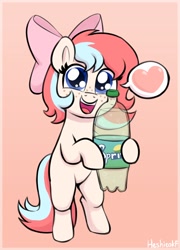 Size: 1136x1580 | Tagged: safe, artist:heretichesh, derpibooru import, oc, oc only, oc:fizzie, earth pony, pony, bipedal, bottle, bow, cute, female, filly, foal, freckles, gradient background, heart, hoof hold, looking at you, ocbetes, open mouth, open smile, pictogram, signature, smiling, smiling at you, soda, solo, speech bubble