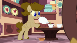 Size: 1280x720 | Tagged: safe, artist:fuckomcfuck, derpibooru import, edit, edited screencap, screencap, discord, oc, oc:doodles, draconequus, pegasus, pony, discordant harmony, food, offscreen character, tea, tea set