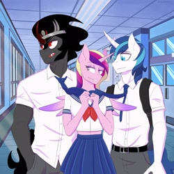 Size: 2048x2048 | Tagged: safe, artist:shallowwin, derpibooru import, king sombra, princess cadance, shining armor, alicorn, anthro, unicorn, bisexual, clothes, female, gay, hallway, lidded eyes, male, midriff, polyamory, school uniform, shiningsomdance, smiling, spread wings, straight, wings