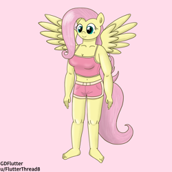 Size: 2048x2048 | Tagged: safe, artist:thread8, derpibooru import, fluttershy, anthro, pegasus, plantigrade anthro, barefoot, camisole, clothes, feet, female, hot pants, mare, midriff, solo, spread wings, wings