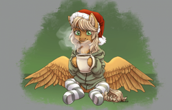 Size: 1920x1228 | Tagged: safe, artist:marinavermilion, derpibooru import, oc, oc only, pegasus, pony, clothes, coffee, cup, green background, hat, hoodie, santa hat, simple background, socks, solo, striped socks