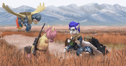 Size: 1920x1009 | Tagged: safe, artist:marinavermilion, derpibooru import, oc, oc only, oc:annabella, oc:compass rose, oc:silent kosmos, hippogriff, pegasus, pony, fallout equestria, camouflage, gun, weapon