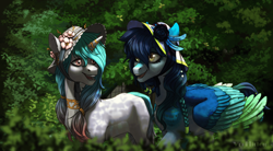 Size: 1920x1056 | Tagged: safe, artist:marinavermilion, derpibooru import, oc, oc only, pegasus, pony, unicorn, braid, bush, duo, feather, flower, forest background, hat, large wings, looking at each other, looking at someone, talking, wings