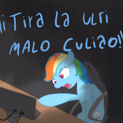 Size: 3000x3000 | Tagged: safe, artist:reinbou, derpibooru import, rainbow dash, pegasus, pony, angry, chair, computer, gamer dash, league of legends, light, rage, solo, spanish text, translated in the comments