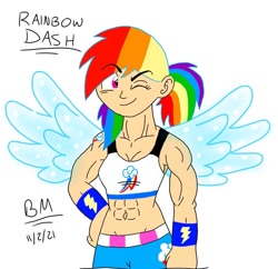 Size: 1080x1046 | Tagged: safe, artist:grandbilal21, derpibooru import, rainbow dash, human, 2021, abs, clothes, cutie mark on clothes, female, humanized, multicolored hair, muscles, muscular female, one eye closed, rainbow hair, rainbuff dash, simple background, solo, white background, wings, wink