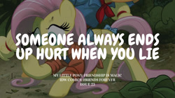 Size: 1280x720 | Tagged: safe, derpibooru import, edit, editor:quoterific, idw, applejack, fluttershy, earth pony, pegasus, pony, friends forever, spoiler:comic, duo, duo female, female, mare, text