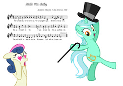 Size: 1280x896 | Tagged: safe, artist:mlpfan3991, derpibooru import, bon bon, lyra heartstrings, sweetie drops, earth pony, pony, unicorn, bipedal, female, hat, heart, heart eyes, hello ma baby, mare, sheet music, simple background, top hat, white background, wingding eyes