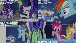 Size: 1280x720 | Tagged: safe, derpibooru import, edit, edited screencap, editor:quoterific, screencap, applejack, pinkie pie, rainbow dash, starlight glimmer, twilight sparkle, twilight sparkle (alicorn), alicorn, earth pony, pegasus, pony, unicorn, school daze, season 8, spoiler:s08, applejack's hat, clothes, cowboy hat, cutie map, female, flying, hat, mare, open mouth, open smile, smiling, spread wings, text, twilight's castle, wings