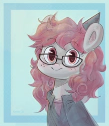 Size: 1200x1385 | Tagged: safe, artist:krista-21, derpibooru import, oc, earth pony, pony, abstract background, clothes, cute, fluffy mane, freckles, glasses, solo