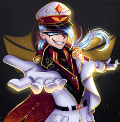 Size: 2800x2840 | Tagged: safe, artist:opal_radiance, derpibooru import, daybreaker, oc, oc only, oc:opal rosamond, human, badge, belt, belt buckle, clothes, eyebrows, female, grin, hat, high res, humanized, implied daybreaker, looking at you, necktie, simple background, smiling, smiling at you, solarist, solo, transparent background, uniform