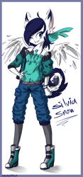 Size: 700x1500 | Tagged: safe, artist:snowballflo, derpibooru import, oc, oc only, anthro, pegasus, unguligrade anthro, clothes, female, hand on hip, one eye closed, pants, pegasus oc, shoes, smiling, solo, wings, wink