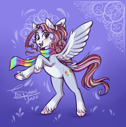 Size: 1280x1289 | Tagged: safe, artist:snowballflo, derpibooru import, oc, oc only, pegasus, pony, abstract background, clothes, female, mare, pegasus oc, rearing, scarf, signature, smiling, solo, unshorn fetlocks, wings