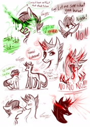 Size: 2893x4092 | Tagged: safe, artist:snowballflo, derpibooru import, oc, oc only, pony, unicorn, angry, blushing, bust, chest fluff, corrupted, dialogue, female, glowing, glowing horn, horn, male, mare, sketch, sketch dump, sombra eyes, stallion, unicorn oc