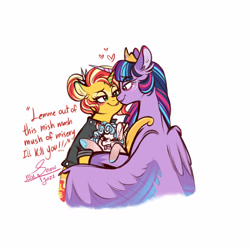 Size: 2893x2893 | Tagged: safe, artist:snowballflo, derpibooru import, cozy glow, sunset shimmer, twilight sparkle, twilight sparkle (alicorn), alicorn, pegasus, pony, unicorn, adopted offspring, angry, bedroom eyes, crown, female, filly, foal, hug, jewelry, lesbian, makeup, mare, regalia, shipping, signature, simple background, smiling, sunsetsparkle, white background