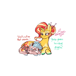 Size: 2893x2893 | Tagged: safe, artist:snowballflo, derpibooru import, cozy glow, sunset shimmer, bat pony, pony, unicorn, bat ponified, bat wings, bound wings, dialogue, duo, eyelashes, female, filly, foal, lying down, mare, prone, race swap, signature, simple background, smiling, white background, wings