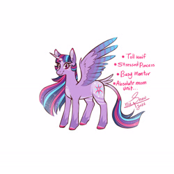 Size: 2893x2893 | Tagged: safe, artist:snowballflo, derpibooru import, princess twilight 2.0, twilight sparkle, twilight sparkle (alicorn), alicorn, pony, the last problem, ethereal mane, female, leonine tail, mare, older, older twilight, signature, simple background, smiling, solo, starry mane, tail, white background