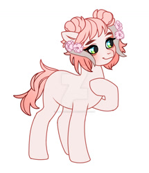 Size: 1280x1490 | Tagged: safe, artist:kusacakusaet, derpibooru import, oc, oc only, earth pony, pony, deviantart watermark, eyelashes, female, flower, flower in hair, hoof on chest, mare, obtrusive watermark, raised hoof, raised leg, simple background, smiling, solo, watermark, white background