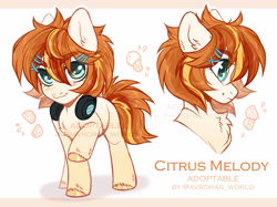 Size: 3350x2500 | Tagged: safe, artist:avroras_world, derpibooru import, oc, oc only, earth pony, pony, accessories, adoptable, auction, chest fluff, ear fluff, ears, female, fluffy, hairpin, headphones, looking at you, mare, reference sheet, short hair, short mane, short tail, simple background, smiling, solo, tail, white background