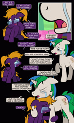 Size: 1920x3168 | Tagged: safe, artist:alexdti, derpibooru import, oc, oc only, oc:purple creativity, oc:star logic, pegasus, pony, unicorn, comic:quest for friendship, comic, confession, crying, dialogue, ears back, eye contact, eyes closed, female, femboy, folded wings, glasses, high res, hooves, horn, hug, looking at each other, looking at someone, male, mare, open mouth, pegasus oc, raised hoof, raised leg, sad, sitting, speech bubble, stallion, standing, two toned mane, unicorn oc, wings