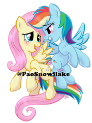 Size: 600x800 | Tagged: safe, artist:kei111, derpibooru import, fluttershy, rainbow dash, pegasus, pony, blushing, female, flutterdash, flying, lesbian, lidded eyes, looking at each other, looking at someone, mare, obtrusive watermark, open mouth, open smile, shipping, simple background, smiling, spread wings, transparent background, watermark, wings