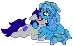 Size: 1000x632 | Tagged: safe, artist:jennieoo, derpibooru import, oc, oc:maverick, oc:ocean soul, earth pony, pegasus, pony, blushing, comforting, couple, crying, cuddling, hug, love, show accurate, simple background, transparent background, vector