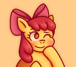 Size: 386x341 | Tagged: safe, artist:memethyst-art, derpibooru import, apple bloom, earth pony, pony, adorabloom, blushing, cute, female, filly, foal, one eye closed, simple background, smiling, solo, wink