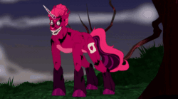 Size: 694x386 | Tagged: safe, artist:sanekk, derpibooru import, oc, oc only, oc:venus red heart, pony, unicorn, animated, animatronic, broken horn, coat markings, commission, crossover, fangs, female, five nights at freddy's, gif, glasses, grass, grin, horn, mare, night, red eyes take warning, smiling, solo, tree, unshorn fetlocks, ych result