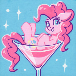 Size: 1759x1780 | Tagged: safe, artist:dandy, derpibooru import, pinkie pie, earth pony, pony, acrylic painting, cup, cup of pony, ears, female, floppy ears, looking at you, martini glass, micro, smiling, solo, traditional art