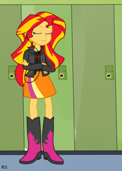Size: 1718x2400 | Tagged: safe, artist:anonymous, derpibooru import, sunset shimmer, equestria girls, better source needed, boots, clothes, headphones, high heel boots, jacket, shirt, shoes, skirt, solo