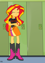 Size: 1718x2400 | Tagged: safe, artist:anonymous, derpibooru import, sunset shimmer, equestria girls, better source needed, boots, clothes, headphones, high heel boots, shirt, shoes, simple background, skirt, solo